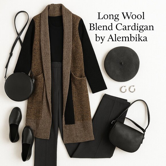 Alembika Wool Blend Long Open Cardigan Jacket Coat Brown Black Size 3/XL Israel - Picture 16 of 16